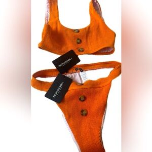 NWT Pretty Little Thing Bikini 2-Piece Swimsuit in Orange with buttons Size 12